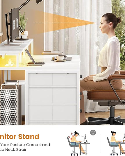 SEDETA White Computer Desk with 5 Drawer & Power Outlet, 75'' Home Office Desk with File Drawer, Storage Shelves, Printer Cabinet and Monitor Shelf, Gaming Desk with Led Lights, 23.6" W Desktop