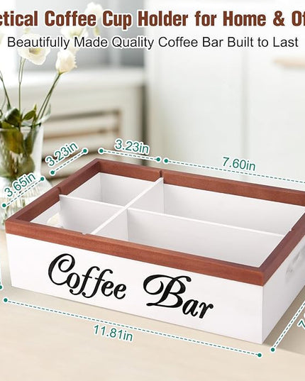 Wooden Coffee Organizer Holder with Divided Sections & Cutout Handle, Farmhouse Coffee Bar Organizer for Pods, Cups, Lids, Syrups, Stirrers & Accessories – Ideal Gift for Home or Office-White