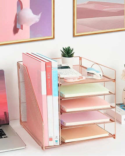 LEKETREE Desk Organizers and Accessories, 5-Tier Paper Letter Tray Organizer with File Holder, Desktop Organizer for Office Supplies (Rose Gold)