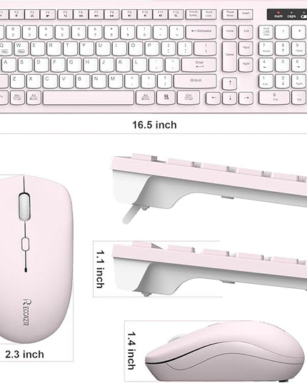 Wireless Keyboard and Mouse Combo, Full-Sized Quiet Wireless Keyboard and Adjustable DPI Mouse, 2.4GHz USB Receiver, Keyboard and Mouse for PC, Windows, Desktop, Laptop (Pink and White-B)