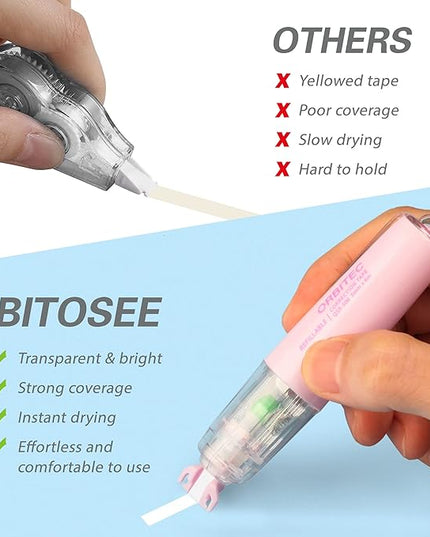 BITOSEE Refillable Retractable Quick Dry Correction Tape,Mini Small Japan Aesthetic Cute Correction Tape, with Easy to Use Kawaii Pen Shaped Applicator,for School Office Supplies