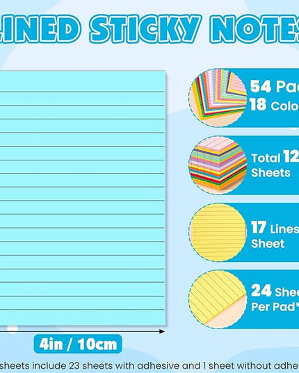 54 Pads Lined Sticky Notes, 18 Colors 4in x 6in Self Stick Note Pads, Strong Adhesive Sticky Note with Lines, Large Sticky Notes for School, Home, Office, 24 Sheets/Pad