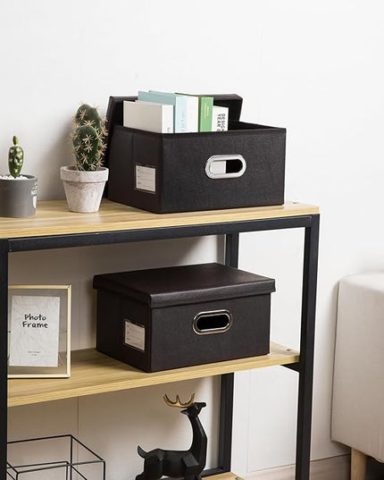 PRANDOM Collapsible Storage Box with Lid [1-Pack] Leather Fabric Foldable Storage Bin Organizer Container Basket Cube with Cover for Home Bedroom Closet Office Nursery Black (13.6x9.6x6.9)