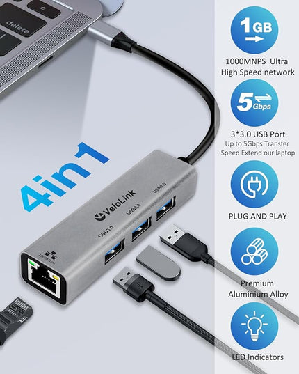 USB ethernet Adapter, USB 3.0 hub with rj45,4-in-1 3.0 Hub with Gigabit Ethernet Adapter, Gigabit Ethernet to USB Adapter for Laptop,PC, MacBook Pro, iPad Pro,and More Type A Laptops