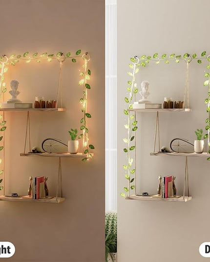 Hanging Shelves for Wall, 3 Tier Boho Wall Decor Hanging Shelf with Vine Lights