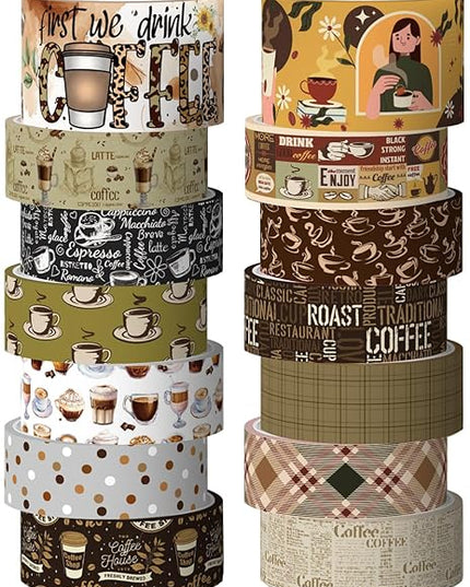 KOVANO Coffee Themed Washi Tape Set, 14 Rolls Vintage Crafts Tape, Art Decorative Tape for Scrapbooking Supplies, Junk Journal, Bullet Journaling, Vision Board Supplies