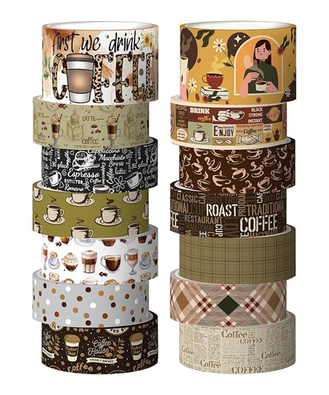 KOVANO Coffee Themed Washi Tape Set, 14 Rolls Vintage Crafts Tape, Art Decorative Tape for Scrapbooking Supplies, Junk Journal, Bullet Journaling, Vision Board Supplies