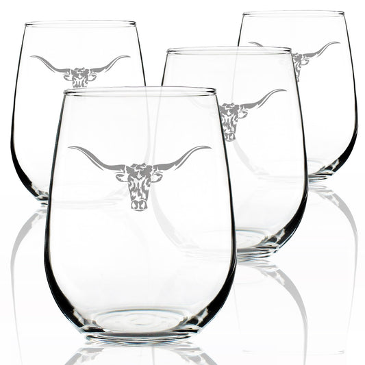 Longhorn Stemless Wine Glass for Western Farm Gifts - 17 oz - Set of 4