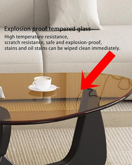 EASYSOUL Modern Glass Coffee Table, 32.68" D x 22.44" W x 15.75" H, Abstract Round Tea Tables for Living Room Home Office Industrial Cocktail Tables (Black-Brown Glass, 32.68")