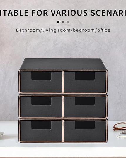 Linen Leather Desk Organizer and monitor stand with Drawers－Mini Desktop Drawer Organizer Stackable－Tabletop Organization Storage Box for Office Supplies Home Vanity Toiletries (Black, 2-drawers)