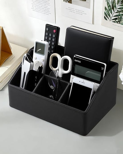 Cretkhp Remote Control Holder with 5 Compartments for Office Art Supplies, PU Leather Nightstand Organizer Pencil Pen Desk Caddy for Home, Desktop TV Remote Control Organizer Storage (Black)