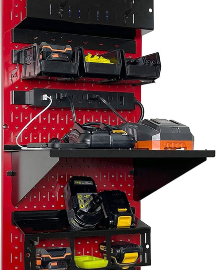 Wall Control Power Tool Storage Organizer Kit Cordless Drill Holder Charging Station Rack 16” x 32” Metal Pegboard Organization System (Red Pegboard)