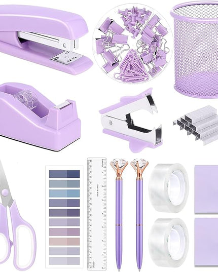 Office Supplies Set,Desk Accessories,Stapler And Tape Dispenser Set,Pen Holder,1000 Staples,Staple Remover,Hinder Clips,Ruler,Scissor,Index Tabs,Clear Tape,Ballpoint Pen,Sticky Notes,Coworkers(Purple)