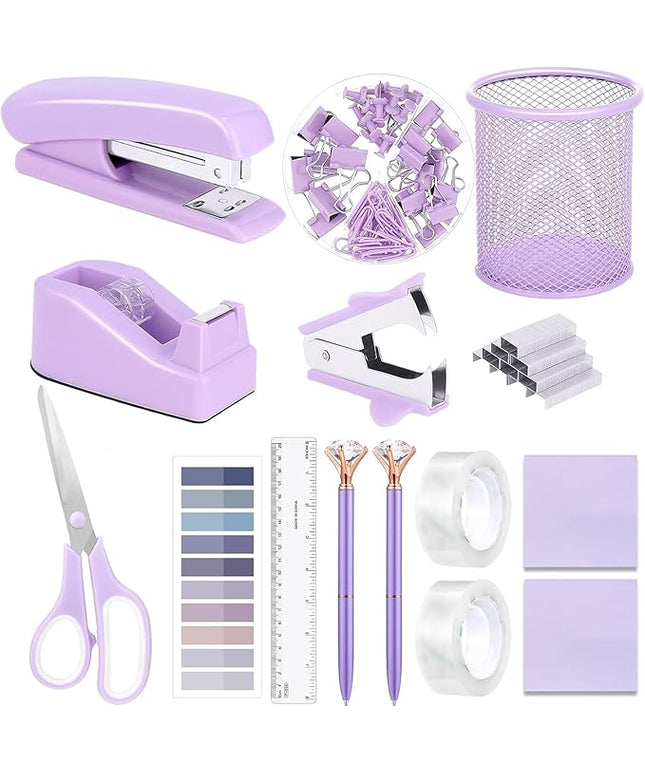 Office Supplies Set,Desk Accessories,Stapler And Tape Dispenser Set,Pen Holder,1000 Staples,Staple Remover,Hinder Clips,Ruler,Scissor,Index Tabs,Clear Tape,Ballpoint Pen,Sticky Notes,Coworkers(Purple)
