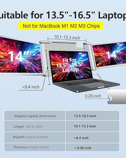 YUTOO Laptop Screen Extender, 14" Portable Triple Monitor for Laptops 315° Rotate| Plug and Play| 1080P| FHD, Laptop Monitor Extender for 13.5~16.5" Laptops, HDMI/USB-A/Type-C,for Mac/Wins/Android/Dex