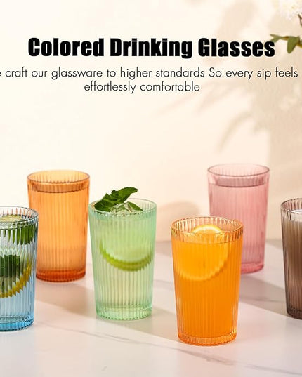 Drinking Glasses, Colored Highball Glasses Set of 6, Ribbed Glassware Glass Cups, Water Glasses for Beer, Iced Coffee Cups, Cocktail Glasses - Christmas Gifts -12 oz