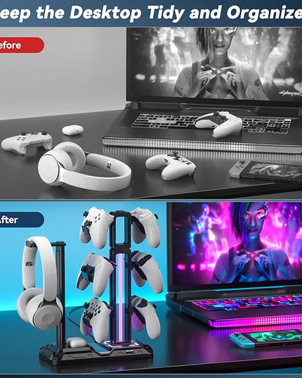 KDD RGB Multi-Controller Holder with 9 Light Modes - Rotatable Universal Headphone Hanger - Controller Stand with 6 Detachable Hooks for Desktop Gamer Accessories