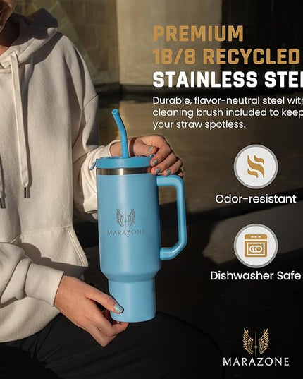 40 oz Insulated Tumbler with Handle and Straw – Stainless Steel Double Wall Vacuum Cup Fits Car Cup Holder, Hot Cold Travel Mug, BPA Free Reusable Water Bottle Gift for Women Men - Sky Blue