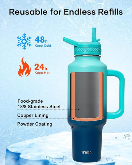 Trebo 40 oz Water Bottle Insulated Fit Car Cup Holder with Handle, Stainless Steel Retro Bottles Tumbler with Straw Lids, Vacuum Double Wall,Keep 24hrs Cold,Leakproof Reusable Travel Flask