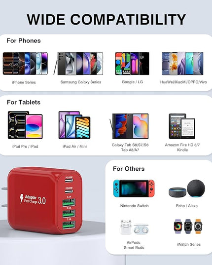 60W USB C Wall Charger, 2Pack 5-Port C Charger Fast Charging Block PD Power Adapter +QC 3.0 Multiport Type C Box Brick Cube USB A Wall Plug for iPhone 14/15/16/17 Pro Max, iPad,Samsung Galaxy(Red)