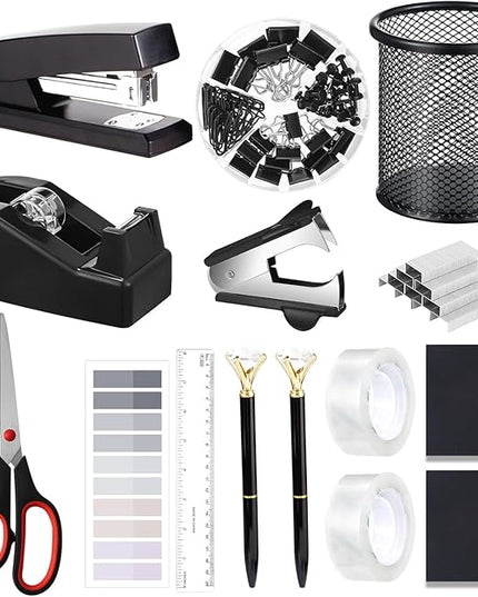 Office Supplies,Desk Accessories, Stapler and Tape Dispenser Set for Women with Stapler, Tape Dispenser, Staple Remover, Staples, Clips, Scissor and Tabs,Gift for Students, Coworkers