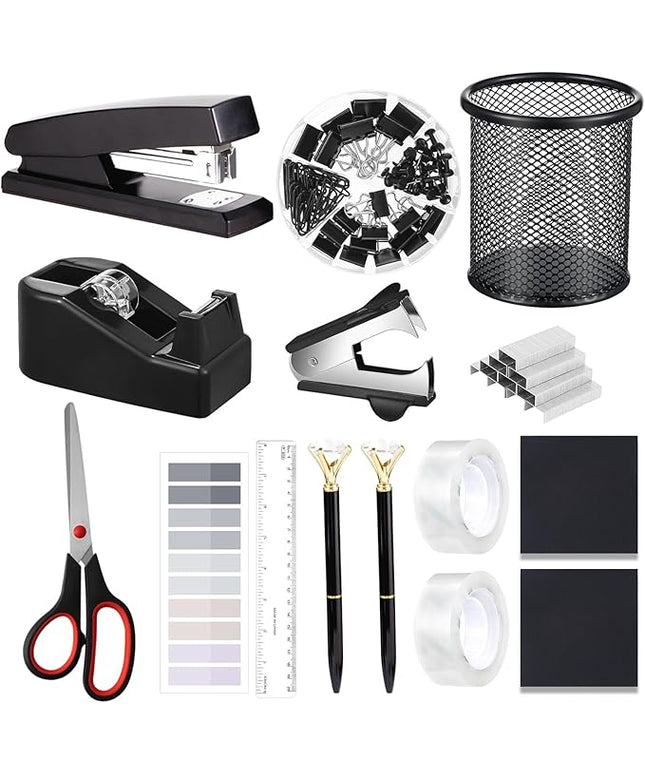Office Supplies,Desk Accessories, Stapler and Tape Dispenser Set for Women with Stapler, Tape Dispenser, Staple Remover, Staples, Clips, Scissor and Tabs,Gift for Students, Coworkers