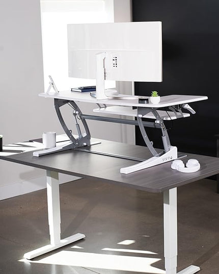 VIVO 48 inch Height Adjustable Large Stand Up Desk Converter, V Series, Quick Sit to Stand Tabletop Dual Monitor Riser Workstation, White, DESK-V048VW