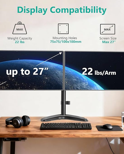 WALI Dual Monitor Stand, Freestanding Full Motion Monitor Desk Mount Fits 2 Screens up to 27 inches, Dual Monitors Arm Fits up to 22lbs, VESA 75x75 100x100 (MF002LM), Black