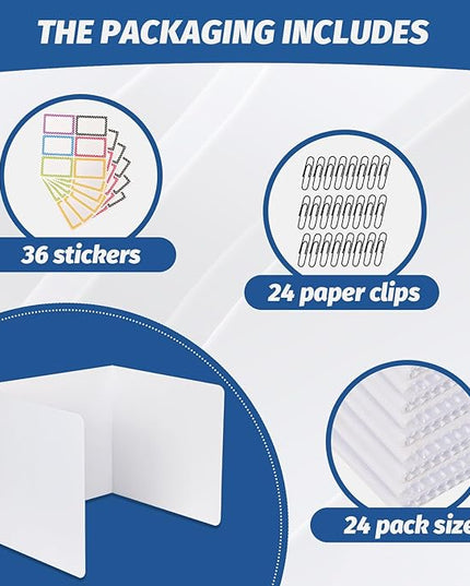 24 Pack Desk Dividers for Students,3-Fold Privacy Screens,Testing Dividers for Classroom Waterproof,Plastic Easy Clean Privacy Shields for Student Includes Extra Labels