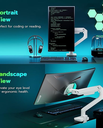 ARES WING Ultrawide Monitor Arm White for 17 to 49 Inch Heavy Duty Curved Screen, Holds 44 Lbs, Adjustable Gas Spring Monitor Arm Desk Mount with C Clamp, Grommet Base, 75/100 Vesa Mount