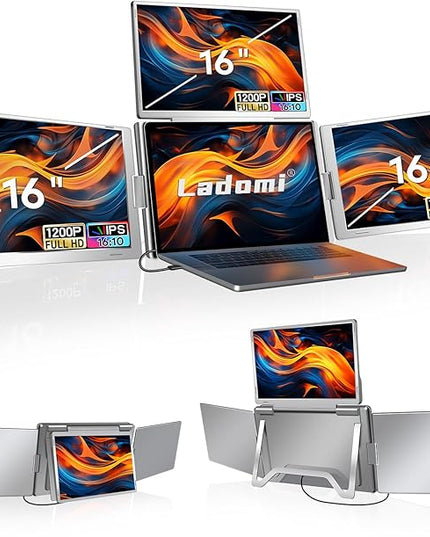 Ladomi 16" Laptop Screen Extender, Just 1 Cable for 3 Screens Quad Monitor, 1200P FHD Screen Extender for 12"-18.5" Laptops, Triple Portable Monitor for Wins/Mac M1|M2|M3|M4|M5