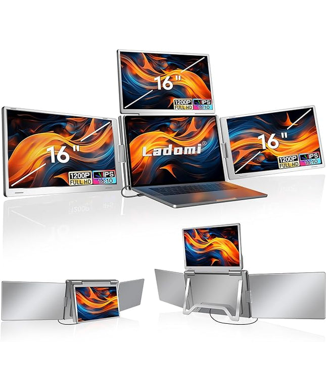 Ladomi 16" Laptop Screen Extender, Just 1 Cable for 3 Screens Quad Monitor, 1200P FHD Screen Extender for 12"-18.5" Laptops, Triple Portable Monitor for Wins/Mac M1|M2|M3|M4|M5