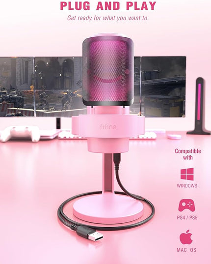 FIFINE USB Streaming Gaming Microphone, PC Condenser Desktop Mic for Video, Home use, YouTube, with RGB Control, Gain Knob, 3.5mm Headphone Jack, Shock Mount, on Computer/PS5-AmpliGame A8 Pink