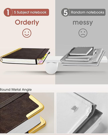 Hardcover Spiral Notebook Journal with Removable Dividers Tabs, 300 Pages Leather 5 Subject Notebook College Ruled, 8"x10" Large B5 Notebooks for Work School Note taking, Lined Journal for Men,Brown