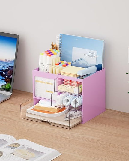 Marbrasse Desk Organizer with 3 Drawer, Multi-Functional Pencil Pen Holder, Desk Organizers and Accessories with 4 Compartments,Desktop Organizer Storage for Office Home Art Supplies (Purple)
