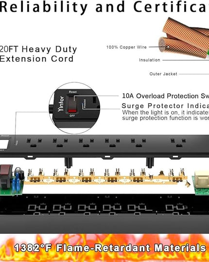 20Ft Power Strip Surge Protector - Yintar Extension Cord with 6 AC Outlets and 3 USB Ports for Home, Office, Dorm Essentials, 1680 Joules, ETL Listed, Black