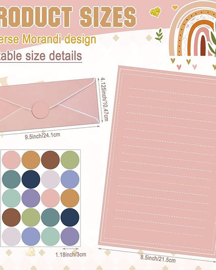 TaoBary 160 Packs Stationery Paper Set (50 Double Sided Stationery Writing Papers 50 Matching Envelopes) 60 Round Dot Sticker, 10 Design(11 x 8.5 Inch,Morandi Color)
