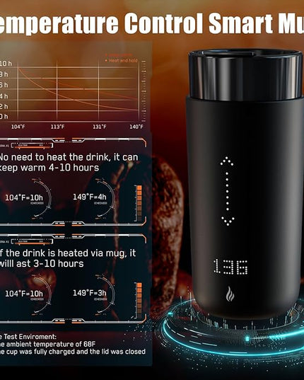 LEGARDLILIU Temperature Control Heated Coffee Mug Smart Self Heating Travel Mug 12 Oz App Controlled Warmer Mug 4-10 Hour LED Display Keep Coffee Hot Fast Wireless Charger Base Iron Black