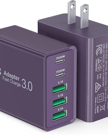 [2-Pack] USB C Wall Charger, 60W Charger Block 5-Port PD Fast Charging Blocks,Multiport 2USB C+3USB A Plug,Type C Power Adapter Brick Cube for iPhone 17/16/15/14/13/Pro,Samsung,for Switch（Purple）