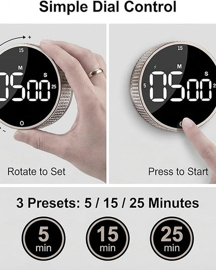 Rechargeable Magnetic Kitchen Timer,LED Countdown/Up Timer, Supports USB-C Charging,with Loud Alarm,3 Preset Quick Times(5/15/25m),Perfect for Kitchen Cooking, Studying, and Fitness (Brown)