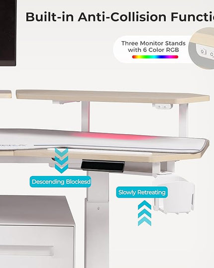 EUREKA ERGONOMIC Standing Desk,63" Electric Adjustable Height Computer Desk,Wing Shaped Music Studio Desk, LED Monitor Stands, Dual Motor&Slot, Maple