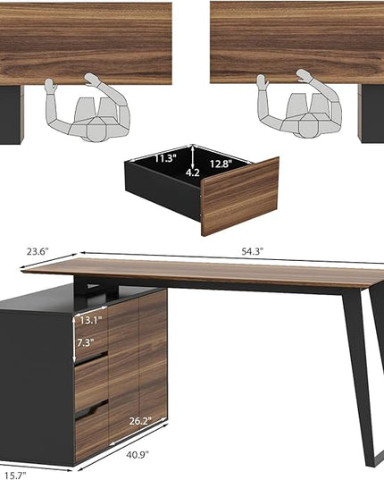 Homsee Home Office Computer Desk Corner Desk with 3 Drawers, 2 Shelves & 2 Doors, 55 Inch Large L-Shaped Study Writing Table with Storage Cabinet, Black & Brown (54.3”L x 40.9”W x 29.1”H)