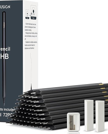 VUSIGN #2 Pencils Bulk, 72 Pack Pre-Sharpened HB Pencils, With 1 Sharpener & 2 Erasers for School, Office, Writing, Drawing Use,Black