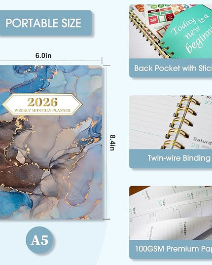 Ymumuda 2026 Planner - JAN.2026 - DEC. 2026, Planner 2026 Daily Weekly and Monthly Calendar, 8.4" X 6", 12-Month Academic Planner for Women, Spiral Bound, Stickers, Ideal School Office Supplies