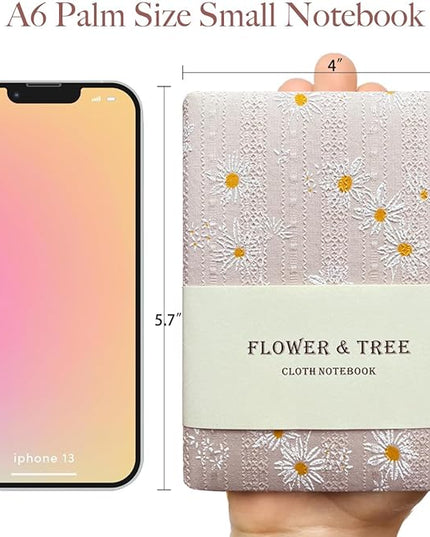Fabric Pocket Notebook, Flower Cloth Hardcover Journal, A6, 264 Pages, 4x6 Small Notebook & Sketchbook, Similar Embroidered Journal, Lay Flat, Daisy Gifts for Women, Pink