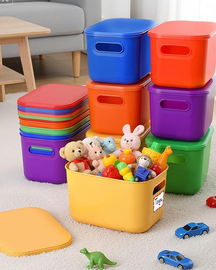 Thyle 24 Pack 7 Quarts Plastic Storage Bins for Christmas Storage with Lids Handles Colorful Stackable Desktop Box Bins with Label for Shelf Drawer,10 x 7 x 6 Inch (Brightly Colored)