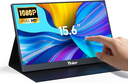 Yinker 15.6'' Portable Monitor Touchscreen, 1080P FHD 10-Point Touch Screen Monitor with Protective Magnetic Leather Cover & Speakers, USB-C Travel Monitors for Laptop, Phone, PC, Switch