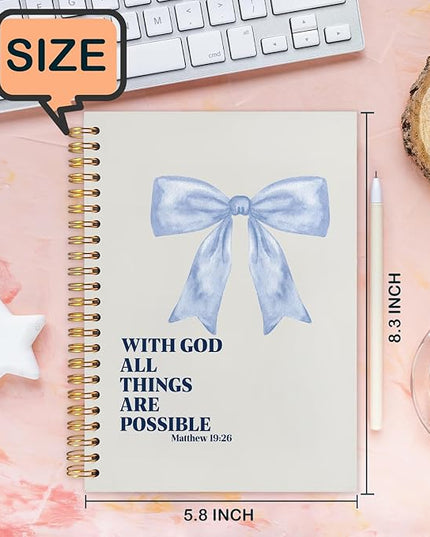 Coquette Blue Bow Christian Spiral Journal Notebook 5.5x8.3in, with God All Things Are Possible Inspirational Prayer Journal for Woman, Inspirational Bible Notebooks for Note Taking