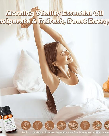 Dohale Essential Oils Set Acacia Wood Gift Box - Uplift, Energize, Refresh, Top 8 Aromatherapy Oils for Diffuser Hotel Scent Home Fragrance Candle Making Grapefruit, Peppermint & More 10ml