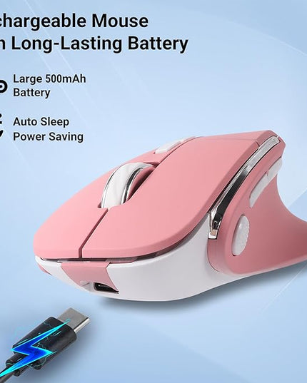 Ergonomic Mouse Jiggler,Bluetooth Vertical Wireless Mouse,LED Rechargeable Optical Computer Mice, Portable(BT5.2 or USB 2.4GHz) Dual Mode,1000/1600/2400 DPI,8 Buttons for Laptop,PC,Macbook (pink)